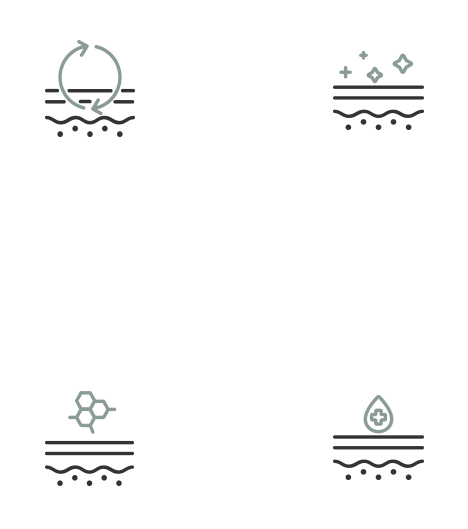 Icon representing idPN injection effects – skin regeneration, barrier strengthening, fine wrinkle reduction, tone evenness, texture improvement, and pain relief